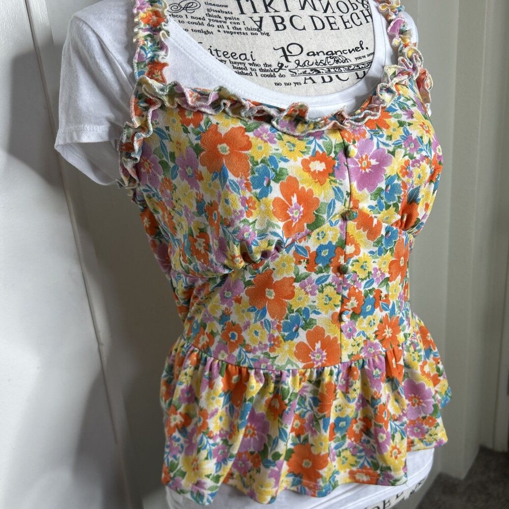 Vintage Y2K 2000s Coquette Button Front Tank Top Sz Medium Babydoll Ruffle